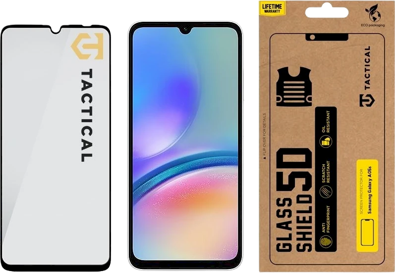 Tactical apsauginis stiklas Shield 5D skirtas Samsung Galaxy A05/A05s su juodos spalvos krašteliu