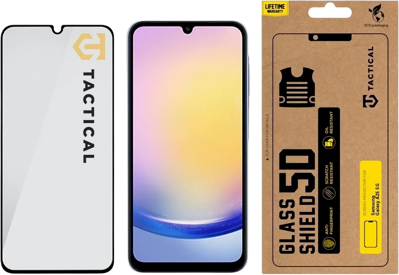 Tactical apsauginis stiklas Shield 5D skirtas Samsung Galaxy A25 5G su juodos spalvos krašteliu
