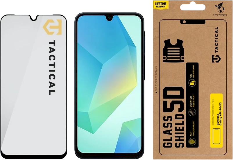 Tactical apsaugnis stiklas Shield 5D skirtas Samsung Galaxy A16 5G su juodos spalvos krašteliu