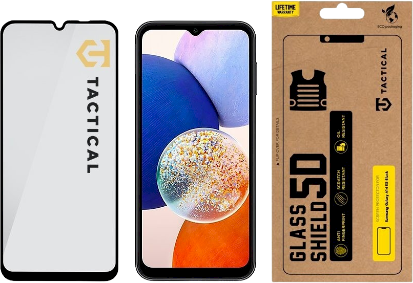 Tactical apsauginis stiklas Shield 5D skirtas Samsung Galaxy A14 4G/5G su juodos spalvos krašteliu