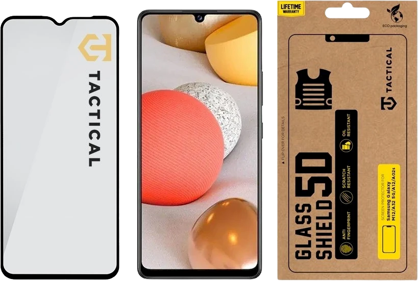 Tactical apsauginis stiklas Shield 5D skirtas Samsung Galaxy M12/A32 5G/A12/A02s su juodos spalvos krašteliu