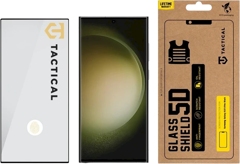 Tactical apsauginis stiklas Shield 5D skirtas Samsung Galaxy S23 Ultra su juodos spalvos krašteliu