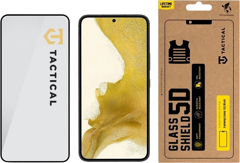 Tactical apsauginis stiklas Shield 5D skirtas Samsung Galaxy S22 su juodos spalvos krašteliu