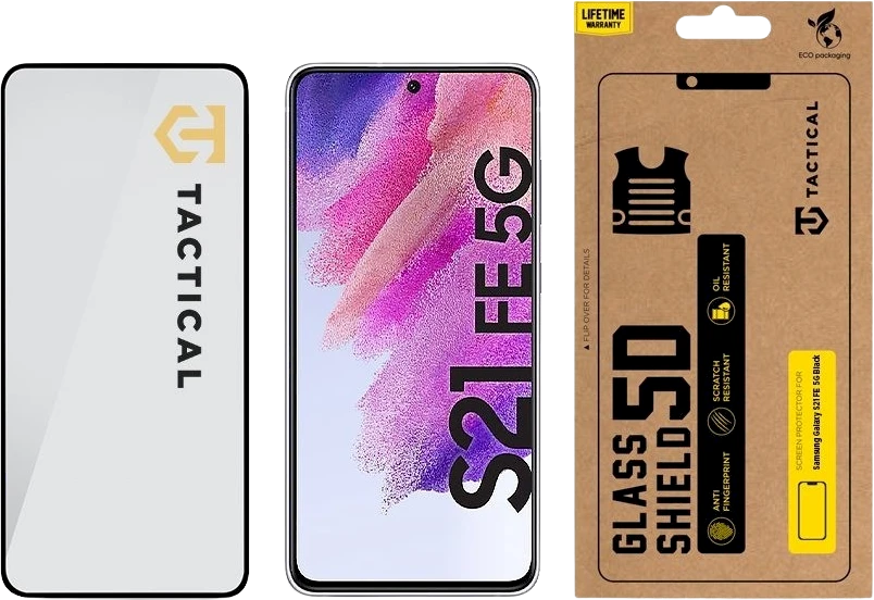 Tactical apsauginis stiklas Shield 5D skirtas Samsung Galaxy S21 FE 5G su juodos spalvos krašteliu