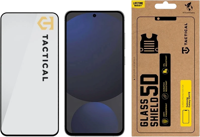 Tactical Apsauginis stiklas Shield 5D skirtas Samsung Galaxy S24 FE su juodos spalvos krašteliu