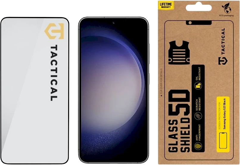 Tactical apsauginis stiklas Shield 5D skirtas Samsung Galaxy S23 su juodos spalvos krašteliu
