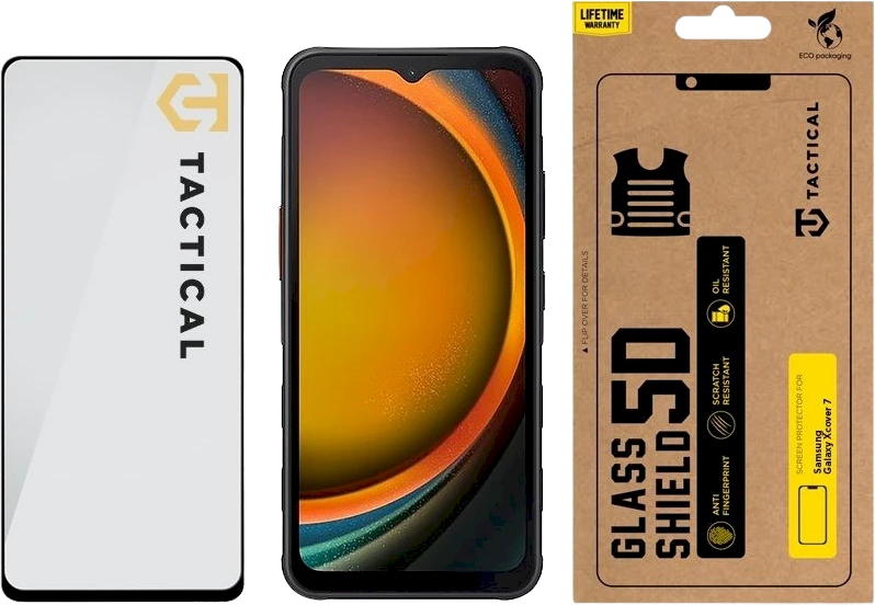 Tactical apsauginis stiklas Shield 5D skirtas Samsung Galaxy Xcover 7 su juodos spalvos krašteliu