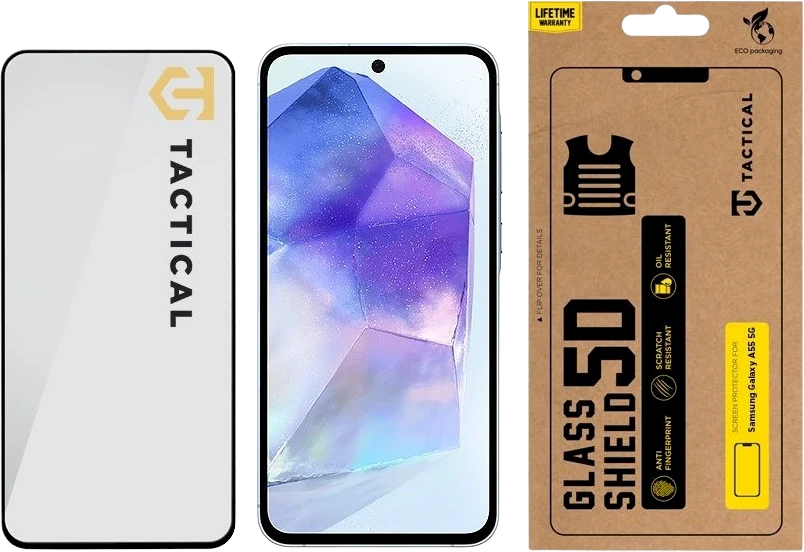 Tactical apsauginis stiklas Shield 5D skirtas Samsung Galaxy A55 5G su juodos spalvos krašteliu