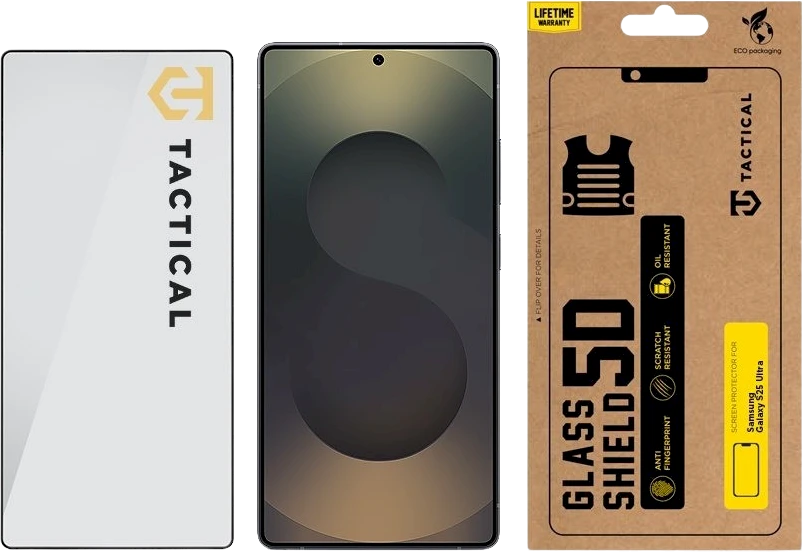 Tactical apsauginis stiklas Shield 5D skirtas Samsung Galaxy S25 Ultra su juodos spalvos krašteliu