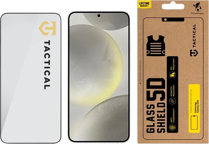 Tactical apsauginis stiklas Shield 5D skirtas Samsung Galaxy S24 su juodos spalvos krašteliu