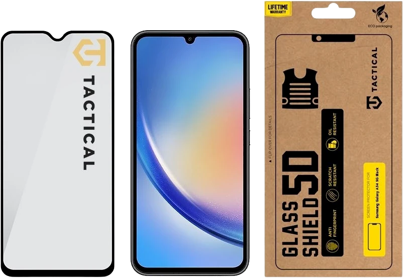 Tactical apsauginis stiklas Shield 5D skirtas Samsung Galaxy A34 5G su juodos spalvos krašteliu