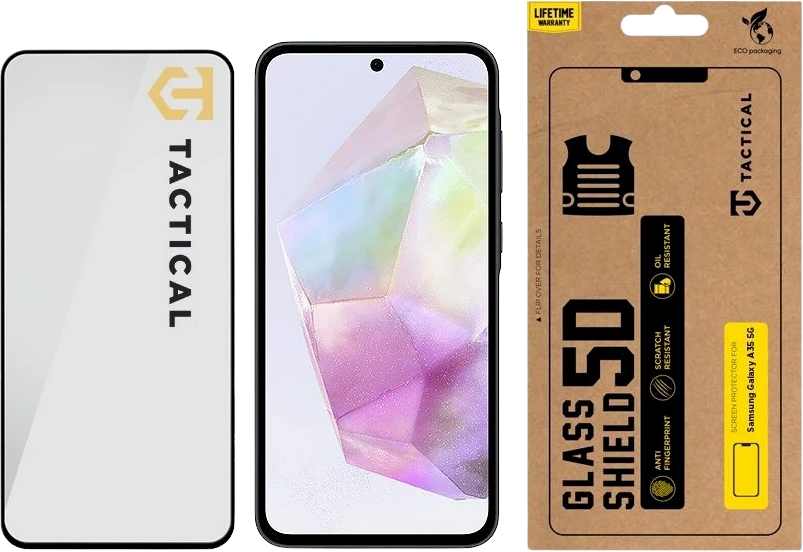 Tactical apsauginis stiklas Shield 5D skirtas Samsung Galaxy A35 5G su juodos spalvos krašteliu