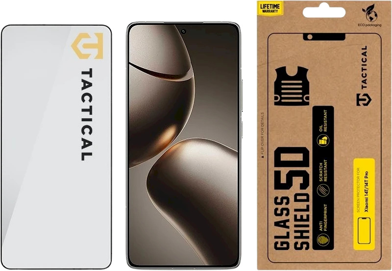 Tactical Apsauginis stiklas Shield 5D skirtas Xiaomi 14T/14T Pro su juodos spalvos krašteliu