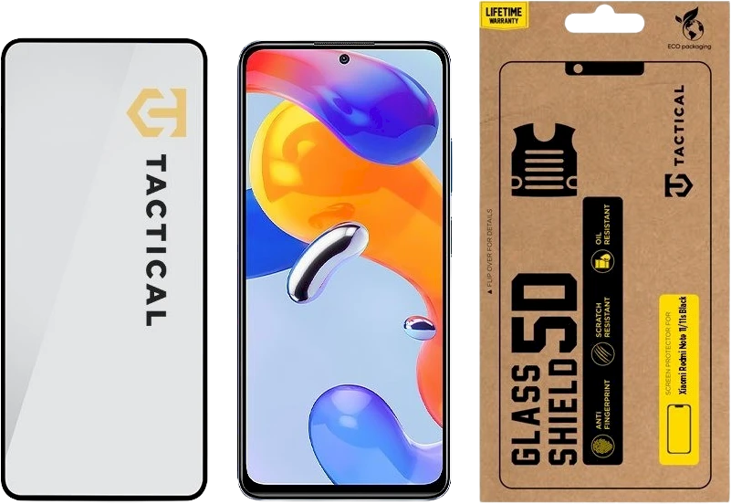 Tactical apsauginis stiklas Shield 5D skirtas Xiaomi Redmi Note 11/11s su juodos spalvos krašteliu