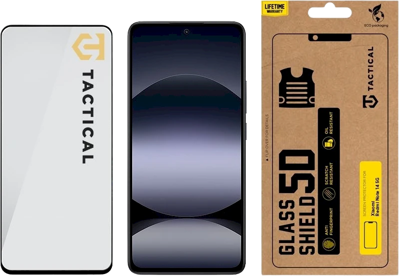 Tactical apsauginis stiklas Shield 5D skirtas Xiaomi Redmi Note 14 4G/5G su juodos spalvos krašteliu