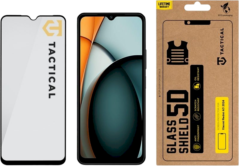 Tactical apsauginis stiklas Shield 5D skirtas Xiaomi Redmi A3 2024 su juodos spalvos krašteliu
