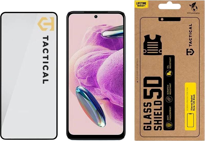 Tactical apsauginis stiklas Shield 5D skirtas Xiaomi Redmi Note 12S su juodos spalvos krašteliu