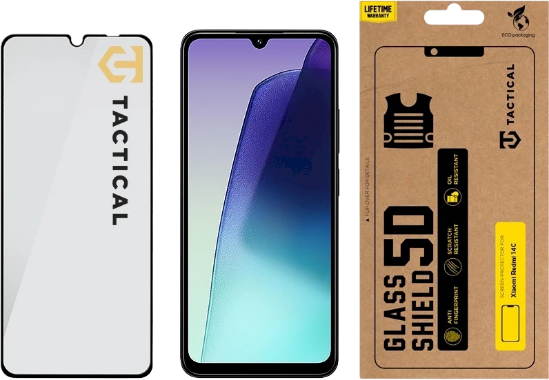 Tactical apsauginis stiklas Shield 5D skirtas Xiaomi Redmi 14C 4G/Poco C75 su juodos spalvos krašteliu