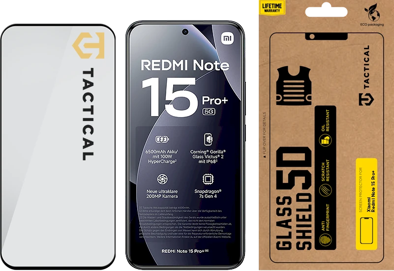 Tactical Apsauginis stiklas Shield 5D skirtas Xiaomi Redmi Note 15 Pro+ Juodas