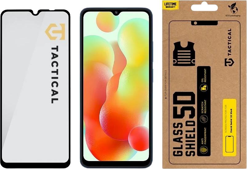 Tactical apsauginis stiklas Shield 5D skirtas Xiaomi Redmi 12C su juodos spalvos krašteliu