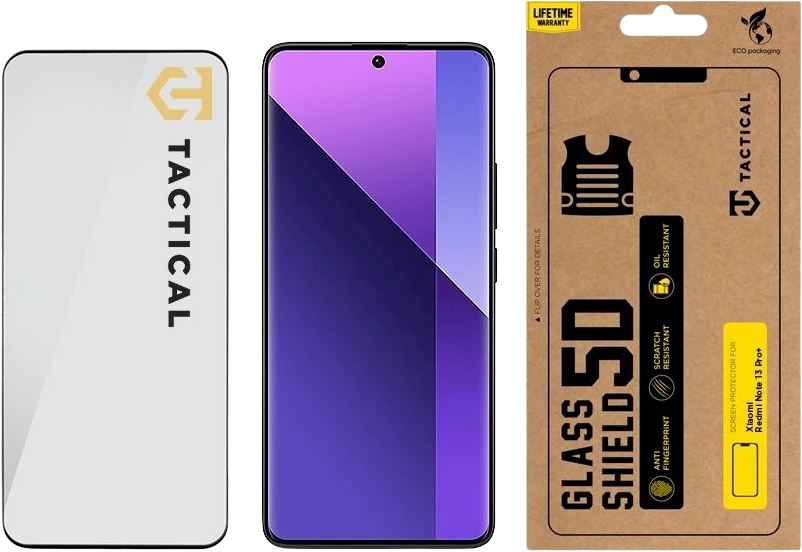 Tactical apsauginis stiklas Shield 5D skirtas Xiaomi Redmi Note 13 Pro+ 5G su juodos spalvos krašteliu