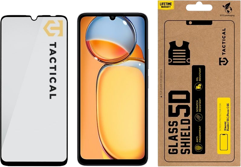 Tactical apsauginis stiklas Shield 5D skirtas Xiaomi Redmi 13C 4G/5G/ Poco C65 su juodos spalvos krašteliu