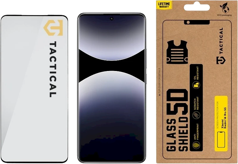 Tactical apsauginis stiklas Shield 5D skirtas Xiaomi Redmi Note 14 Pro 5G su juodos spalvos krašteliu