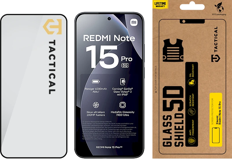 Tactical Apsauginis stiklas Shield 5D skirtas Xiaomi Redmi Note 15 Pro Juodas