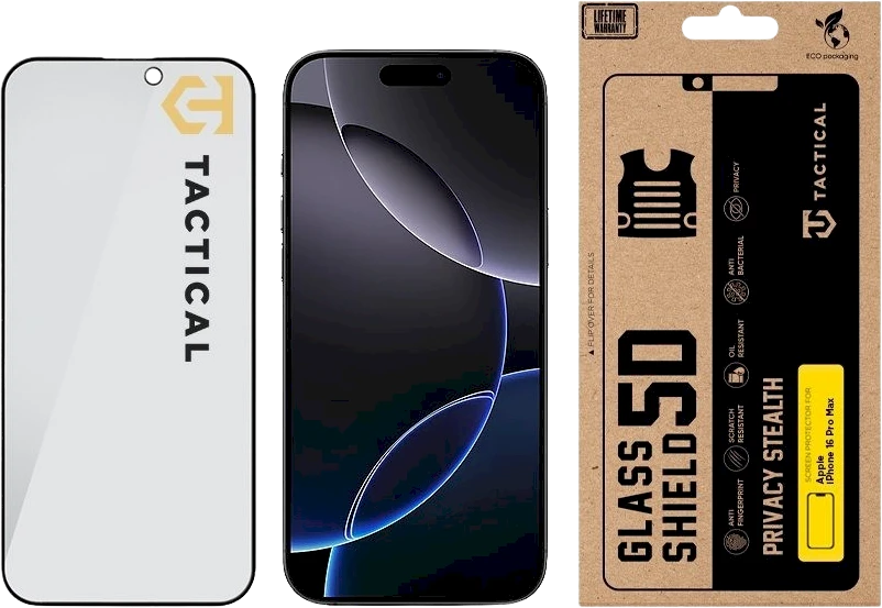 Tactical Apsauginis stiklas Shield Privacy Stealth 5D skirtas Apple iPhone 16 Pro Max Juodas