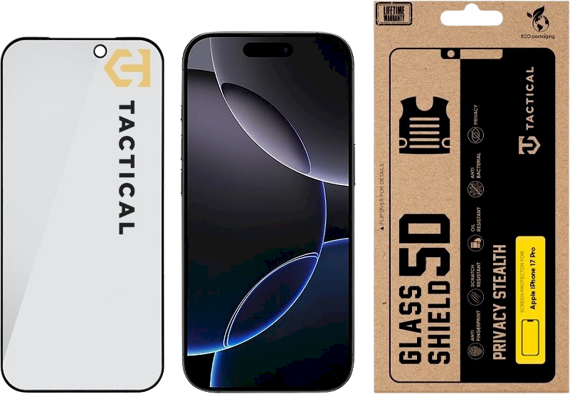 Tactical Apsauginis stiklas Shield Privacy Stealth 5D skirtas Apple iPhone 17 Pro Juodas