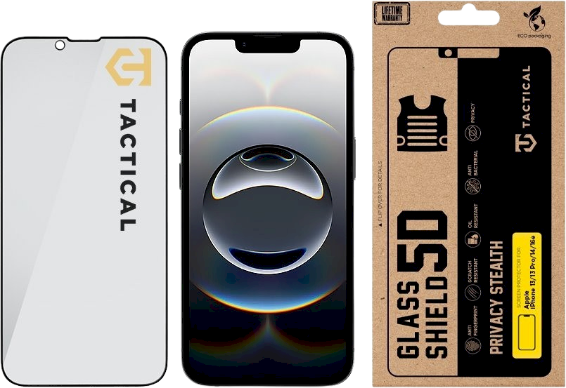 Tactical Apsauginis stiklas Shield Privacy Stealth 5D skirtas Apple iPhone 13/13 Pro/14/16e Juodas