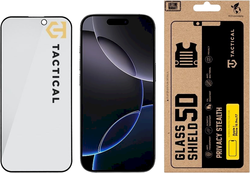 Tactical Apsauginis stiklas Shield Privacy Stealth 5D skirtas Apple iPhone 16 Pro/17 Juodas