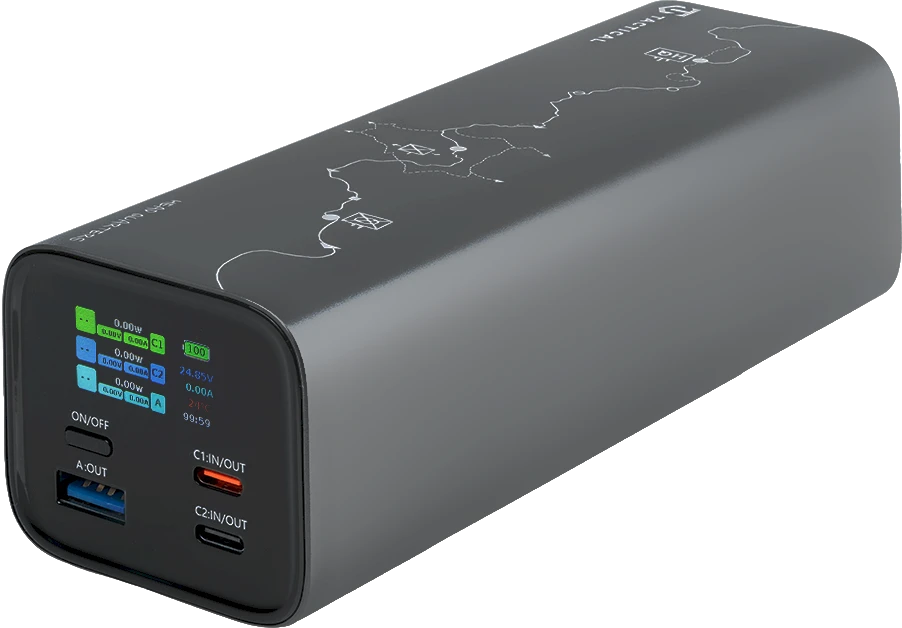 Tactical Squad Headquarters 65W 27000 mAh – aukštos galios powerbank: 65W USB‑C, 2× USB‑C + USB‑A, TFT ekranas, aliuminio korpusas ir ekologiška pakuotė.