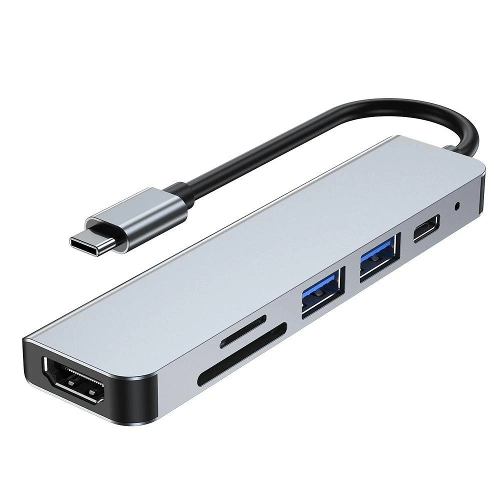Šakotuvas 6in1 USB HUB USB-C to 2xUSB + HDMi + USB-C + SD Card Reader + micro SD Adapteris Tech-Protect V4-HUB pilkos spalvos