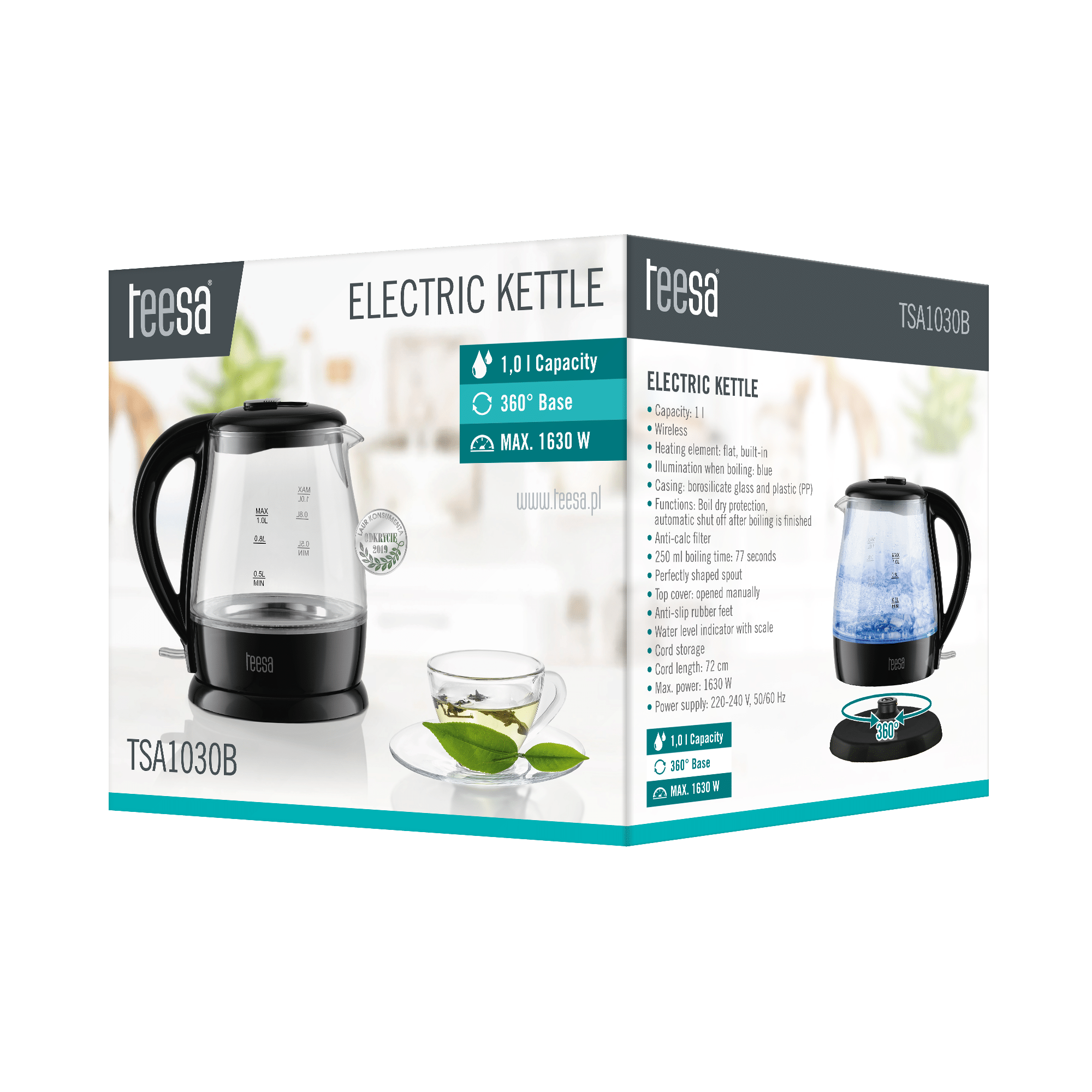 TEESA elektrinis virdulys, stiklas, 1650 W, juodas, 1 L