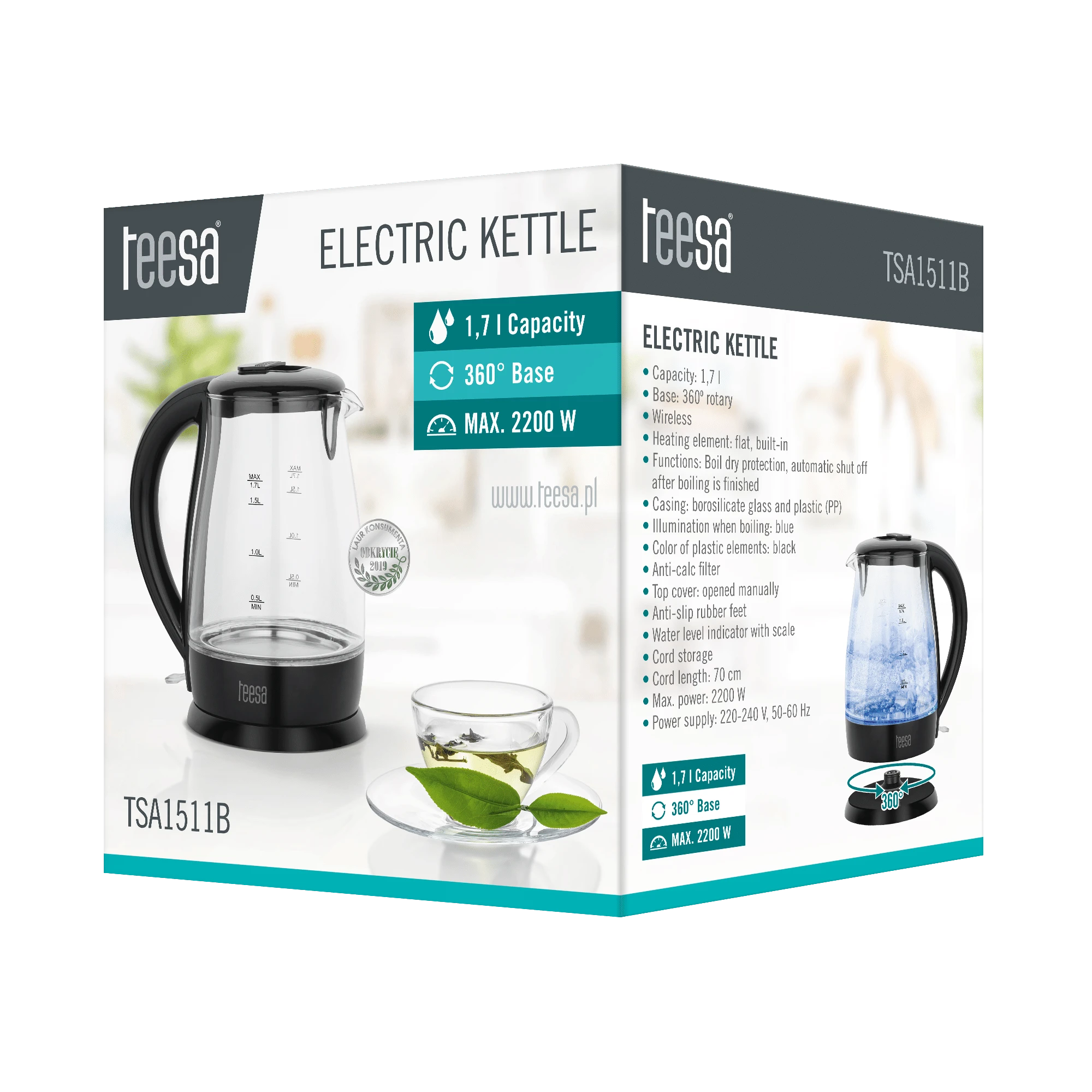 TEESA elektrinis virdulys, stiklinis, 2200 W, juodas, 1.7 L