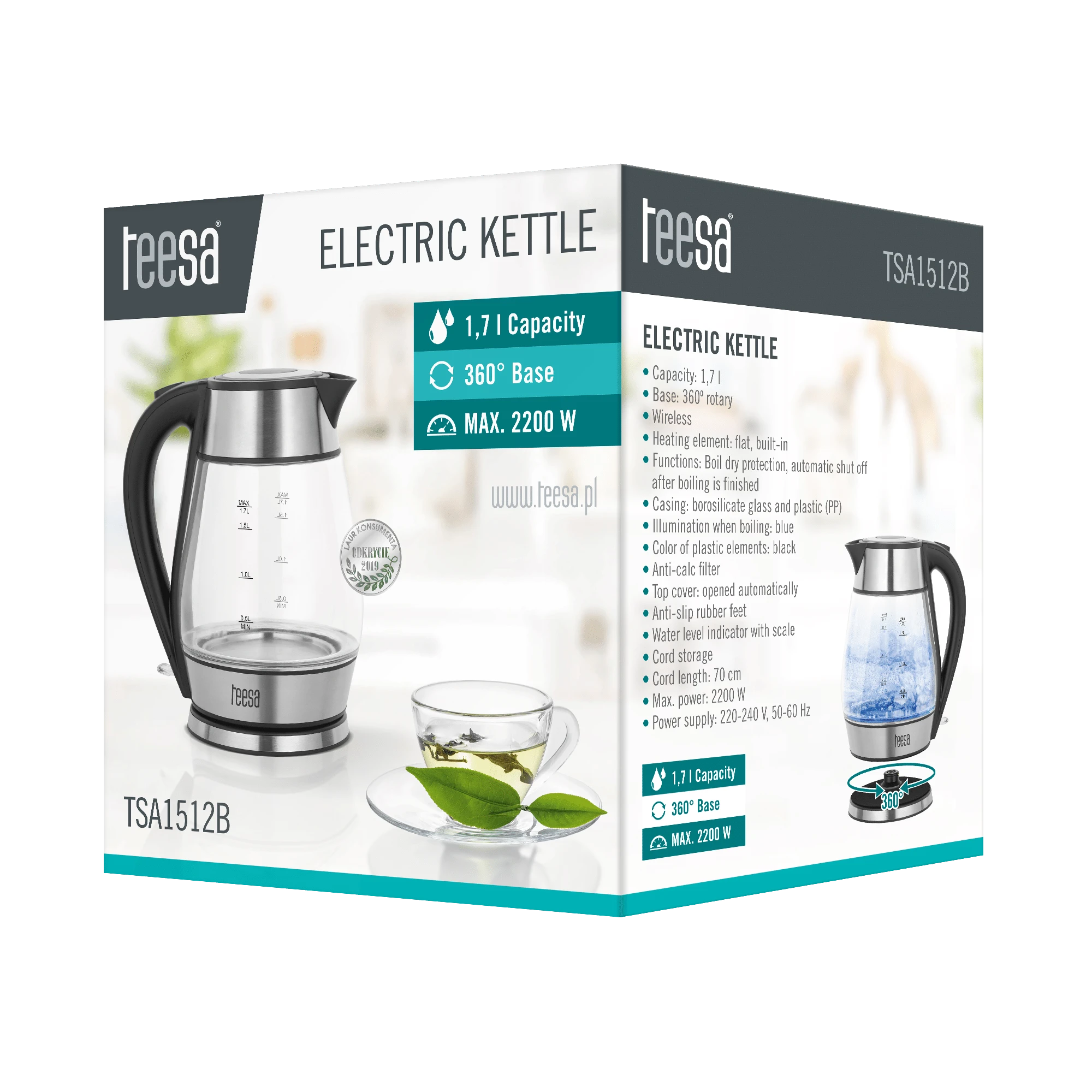 TEESA elektrinis virdulys, stiklas + inox, 2000 W, juodas, 1.7 l