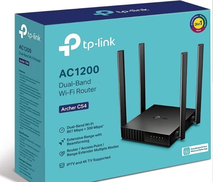 TP-LINK | Dual Band Maršrutizatorius | Lankininkas C54 | 802.11ac | 300+867 Mbit/s | 10/100 Mbit/s | Ethernet LAN (RJ-45) jungtys 4 | Tinklelio atramos Nr. | MU-MiMO Taip | Nėra mobiliojo plačiajuosčio ryšio | Antenos tipas 4xFiksuota