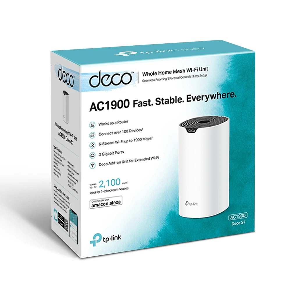 Maršrutizatorius TP-LINK | AC1900 viso namo tinklinio „Wi-Fi“ sistema | „Deco S7“ (2 vnt. pakuotė) | 802.11ac | 10/100/1000 Mbit/s | Ethernet LAN (RJ-45) jungtys 1 | Tinklo palaikymas: Taip | MU-MiMO: Taip | Ne, mobilusis plačiajuostis ryšys: | Antenos tipas: Vidinė