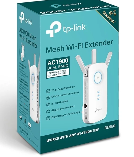 TP-LINK | AC1900 „Wi-Fi“ diapazono plėtiklis | RE550 | 802.11ac | 2GHz/5GHz | 600+1300 Mbit/s | 10/100/1000 Mbit/s | Ethernet LAN (RJ-45) jungtys: 1 | MU-MiMO: Ne | ne PoE | Antenos tipas: 3 išorinės
