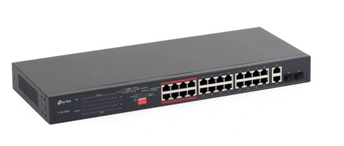 TP-LINK 26 prievadų 10/100Mbps PoE+ jungiklis 24 10/100Mbps PoE+ prievadai 2 Gigabit RJ45 prievadai 2 Combo SFP lizdai 802.3at/af 250W PoE