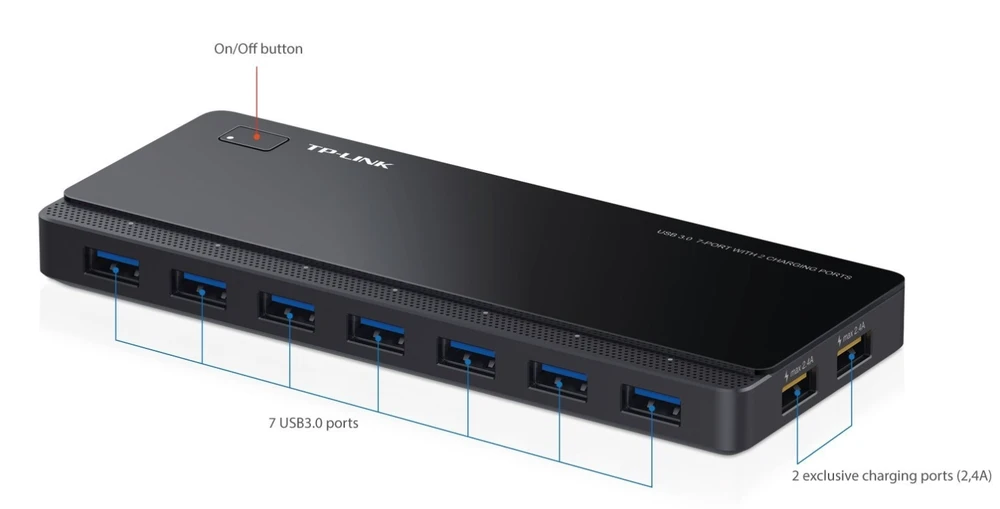 TP-LINK 7 jungtys USB 3.0 Hub su 2 maitinimo įkrovikliais jungtys 2.4A Max Desktop ir 12V/4A maitinimo adapteris