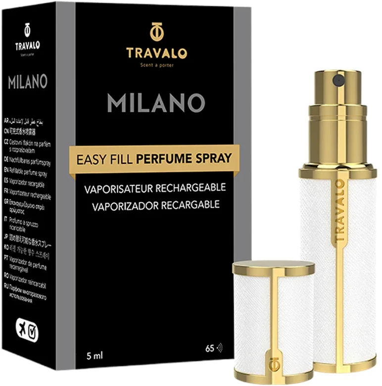 Travalo Milano Baltas & Gold pildomas kvepalų buteliukas (atomaizeris), 5 ml