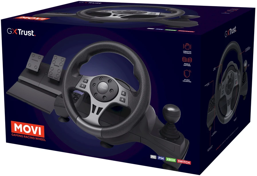 „Trust GXT 289 Movi Juodas“ USB vairas + pedalai, skirti „Nintendo Switch“, „PlayStation 4“, „XBOX One S“, „XBOX One X“, „XBOX Series S“, „XBOX Series X“