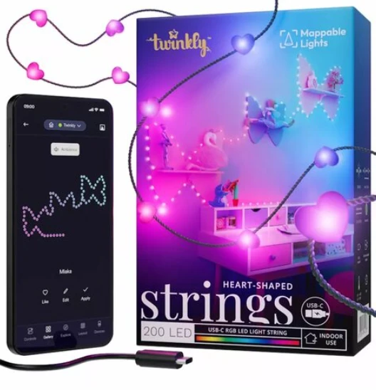 Kalėdinė girlianda Twinkly Heart - Shaped 200 RGB LED USB- C, žalios spalvos laidas
