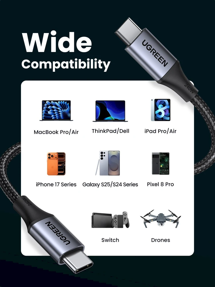 Laidas USB-C į USB-C UGREEN 15311, 1m (pilkas)