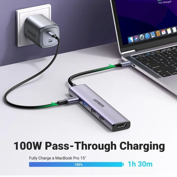 Adapteris HUB UGREEN CM478 USB-C prie HDMI, USB-A 3.0, 2x USB-A 2.0, PD