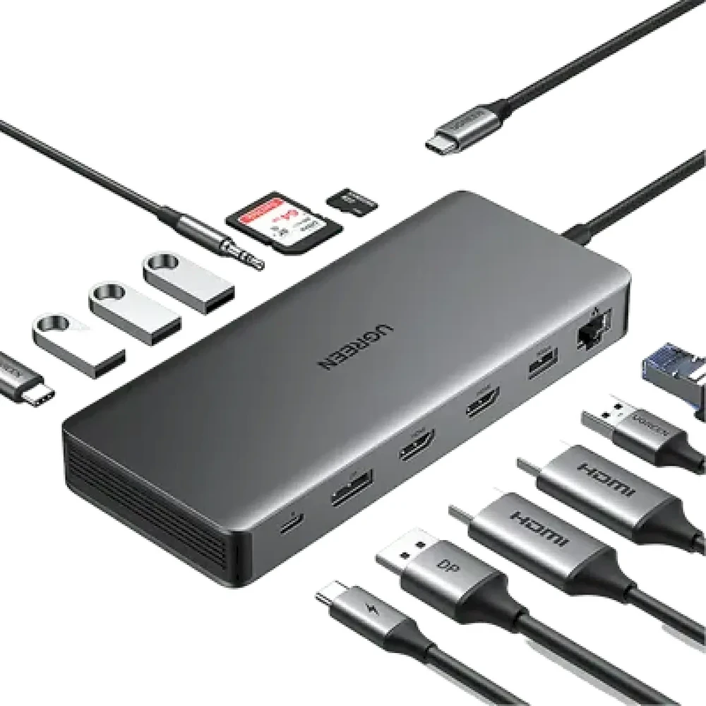 Ugreen USB-C CM681 | 4x USB | 2x HDMI | DisplayPort | RJ45 | SD/TF | AUX | PD 100W (pilka)