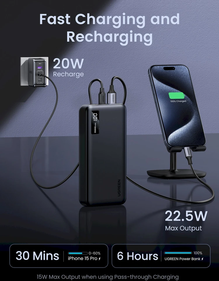 Išorinė baterija Power Bank Ugreen PB313 20W 20000mAh (25683) juoda