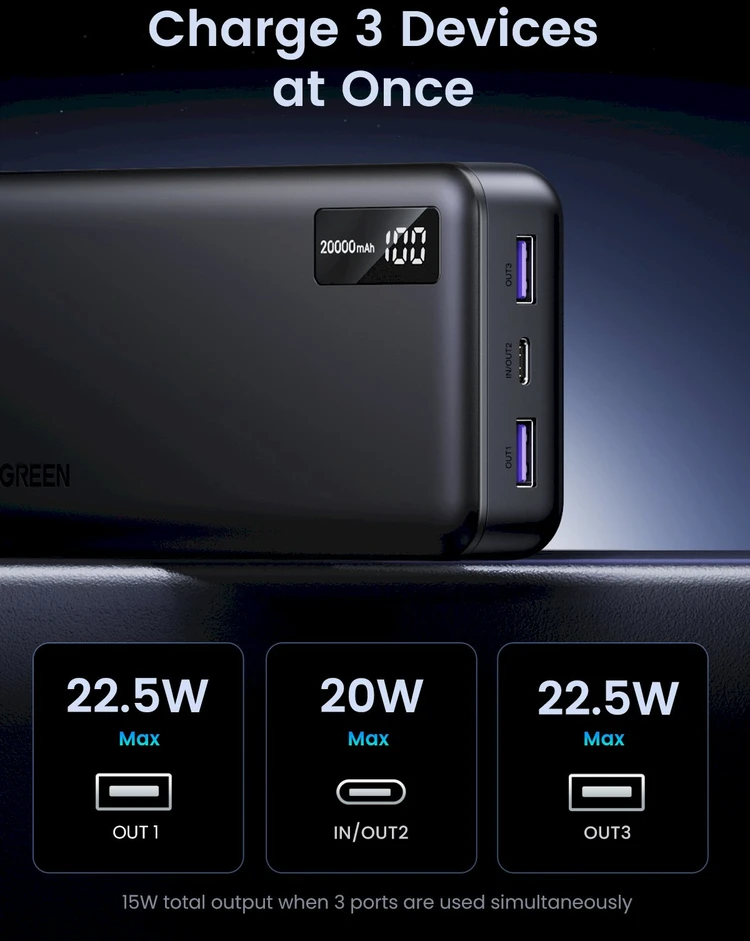 Išorinė baterija Power Bank Ugreen PB313 20W 20000mAh (25683) juoda